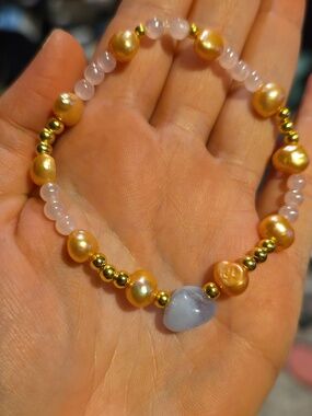 Handcrafted Blue Chalcedony And Orange Pearl Bead Bracelet